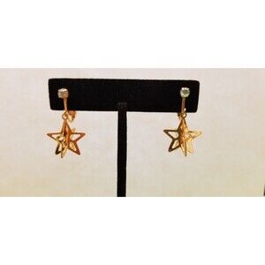 Gold Tone Star Dangle Earrings with AB Rhinestone Tops Clip-On Vintage Style
